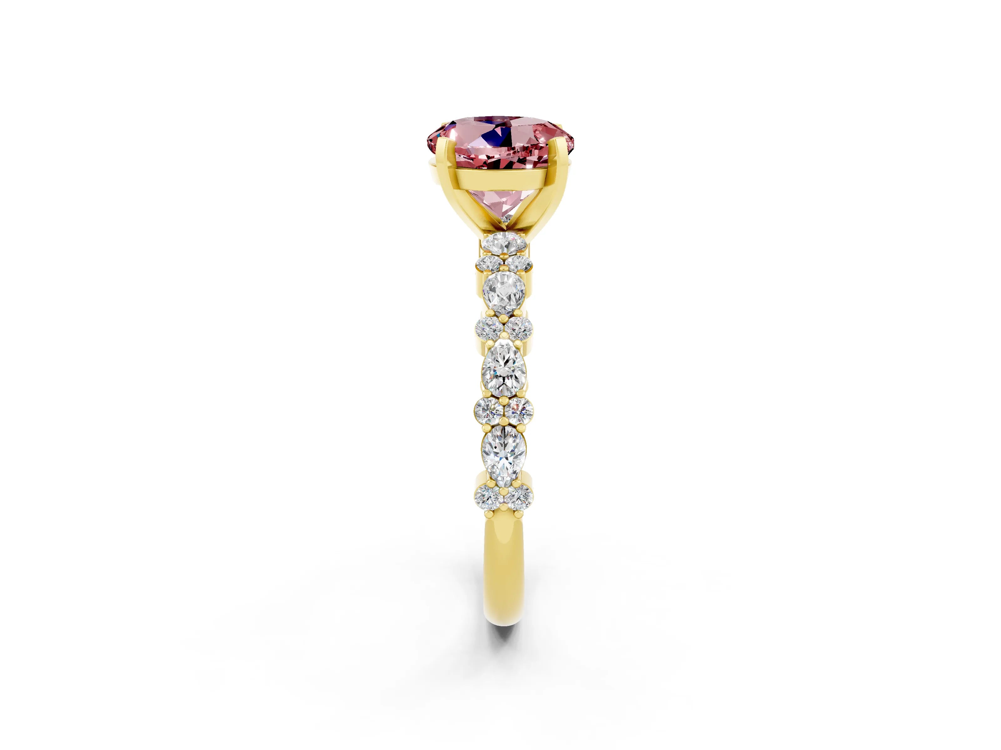 Yellow gold Round Cut Morganite Solitaire with Side Stones, Pave Band, Four-Prong Setting_14