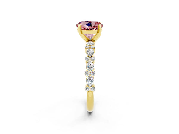 Yellow gold Round Cut Morganite Side Stone Solitaire Ring with Round  and Four-Prong Setting