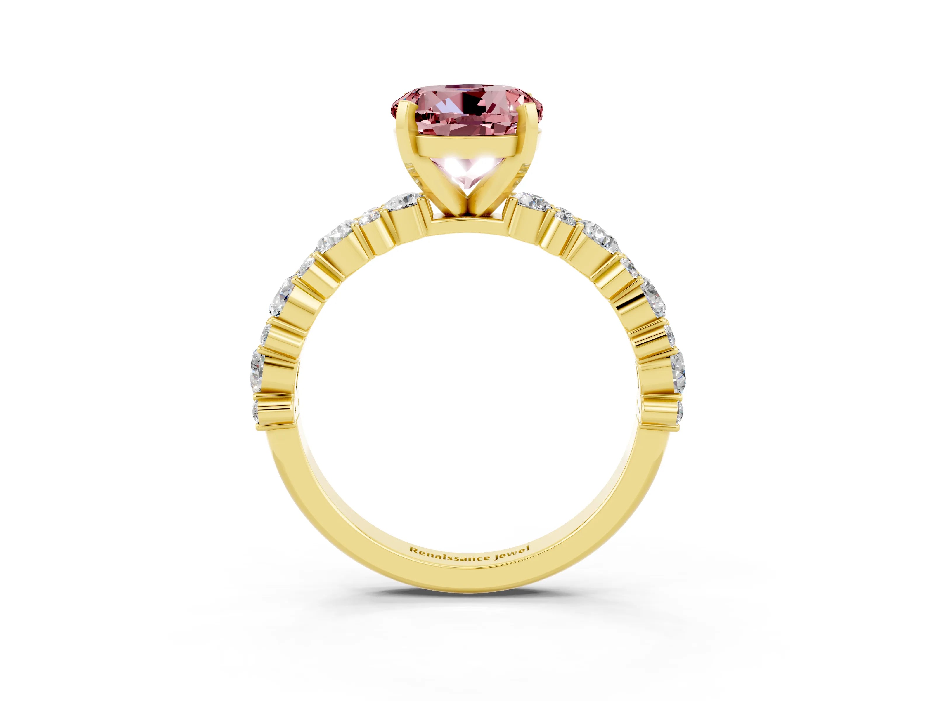Yellow gold Round Cut Morganite Solitaire with Side Stones, Pave Band, Four-Prong Setting_15