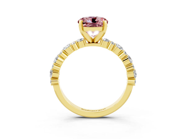 Yellow gold Round Cut Morganite Side Stone Solitaire Ring with Round  and Four-Prong Setting
