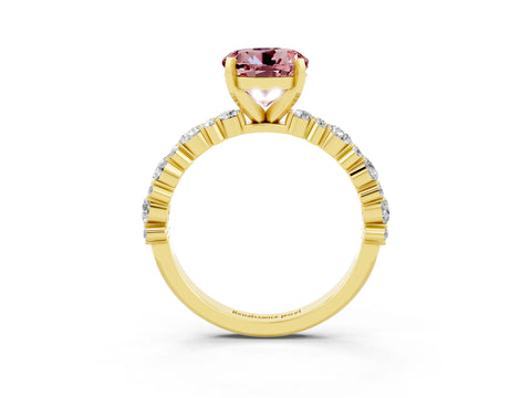 Yellow gold Round Cut Morganite Solitaire with Side Stones, Pave Band, Four-Prong Setting_15