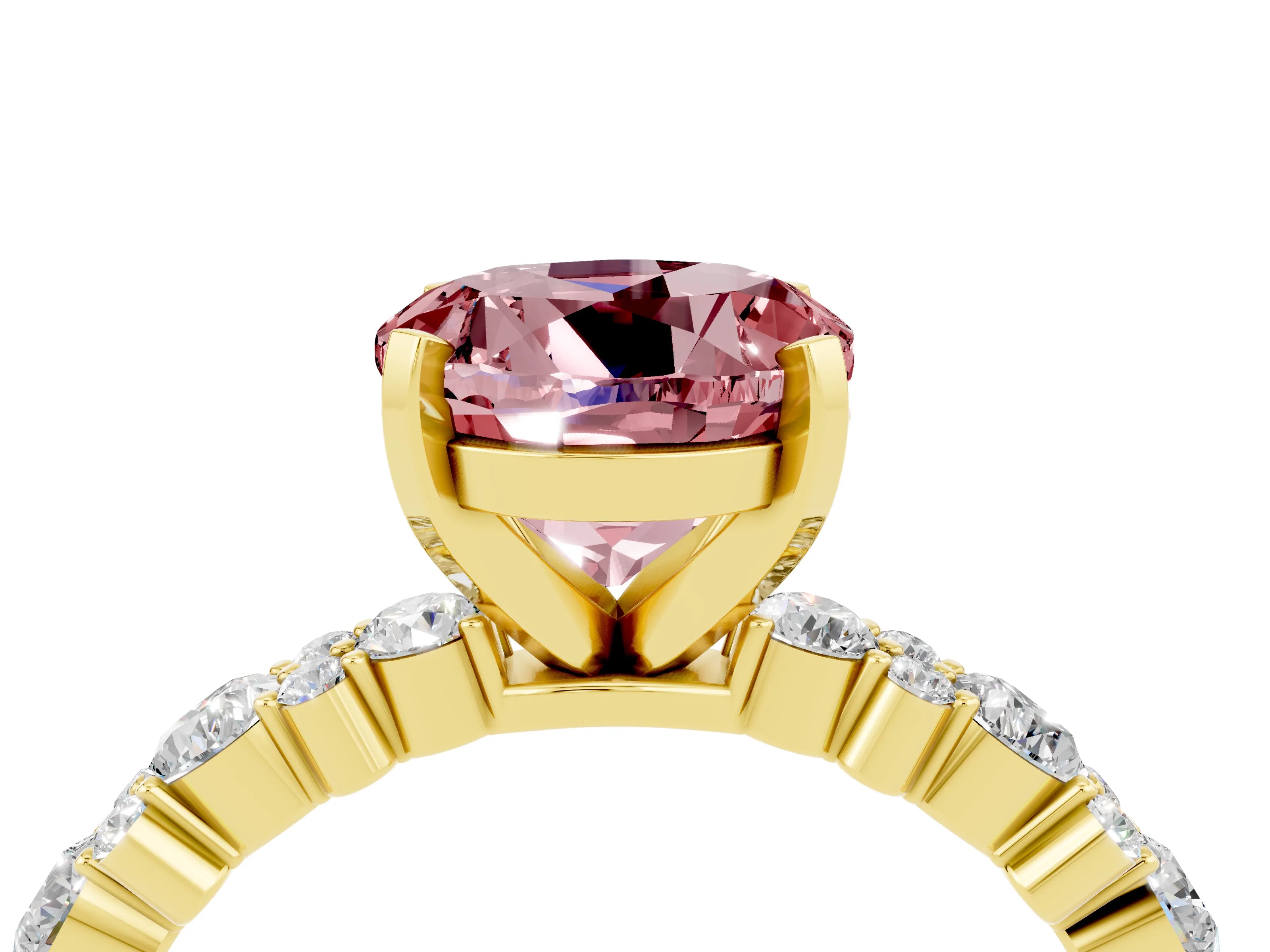 Yellow gold Round Cut Morganite Solitaire with Side Stones, Pave Band, Four-Prong Setting_16