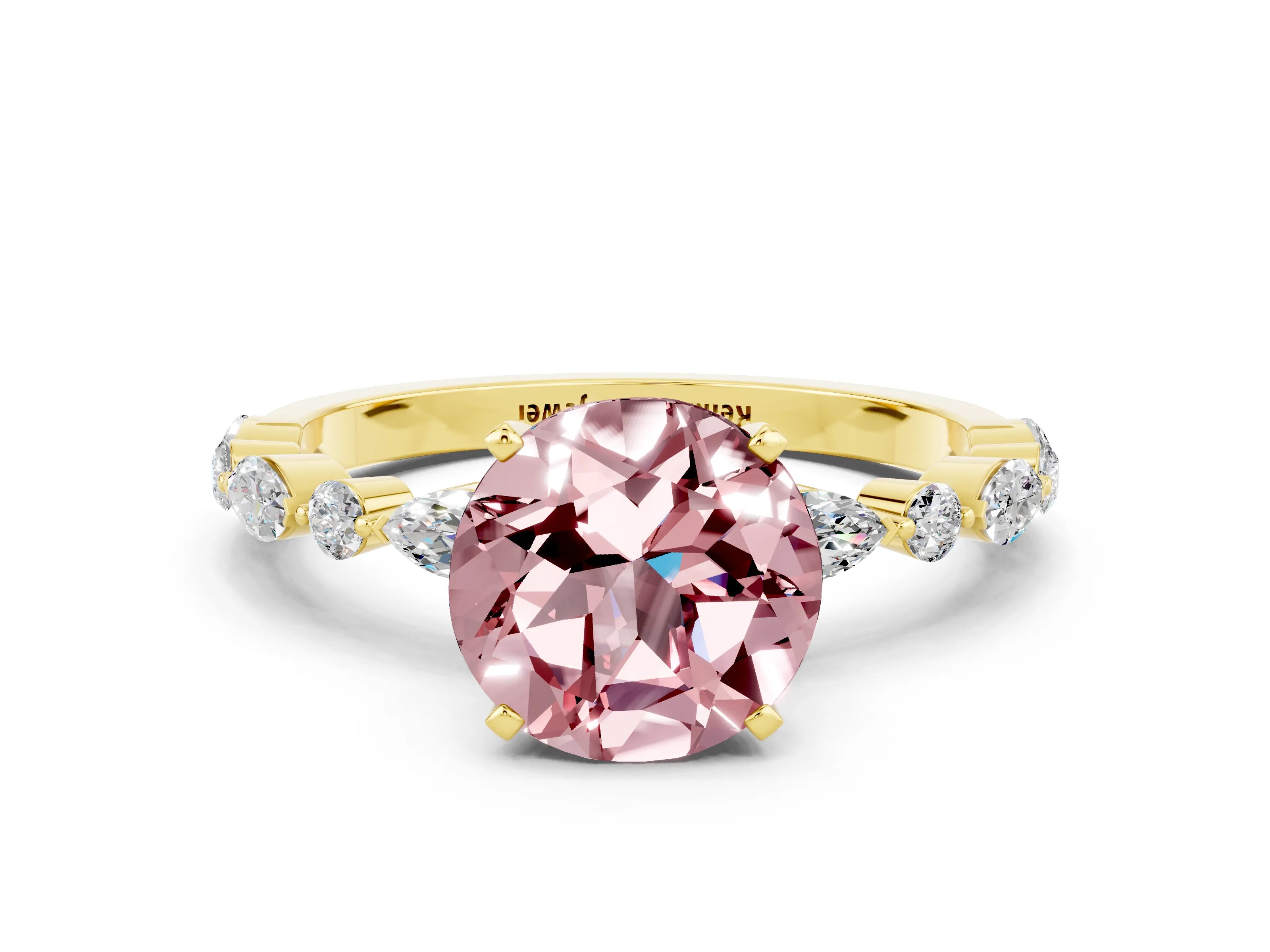 Yellow gold Round Cut Morganite Solitaire with Side Stones on a Pavé Band and Four-Prong Setting