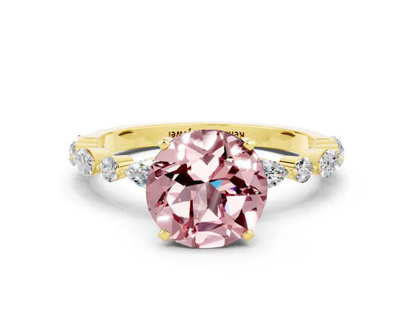 Yellow gold Round Cut Morganite Ring with Marquise and Round  Side Stones and Four-Prong Setting