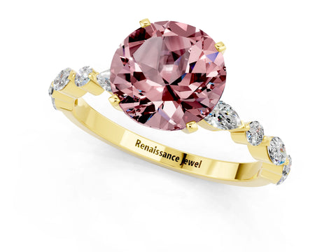 Yellow gold Round Cut Morganite Solitaire with Side Stones on a Pavé Band and Four-Prong Setting_1