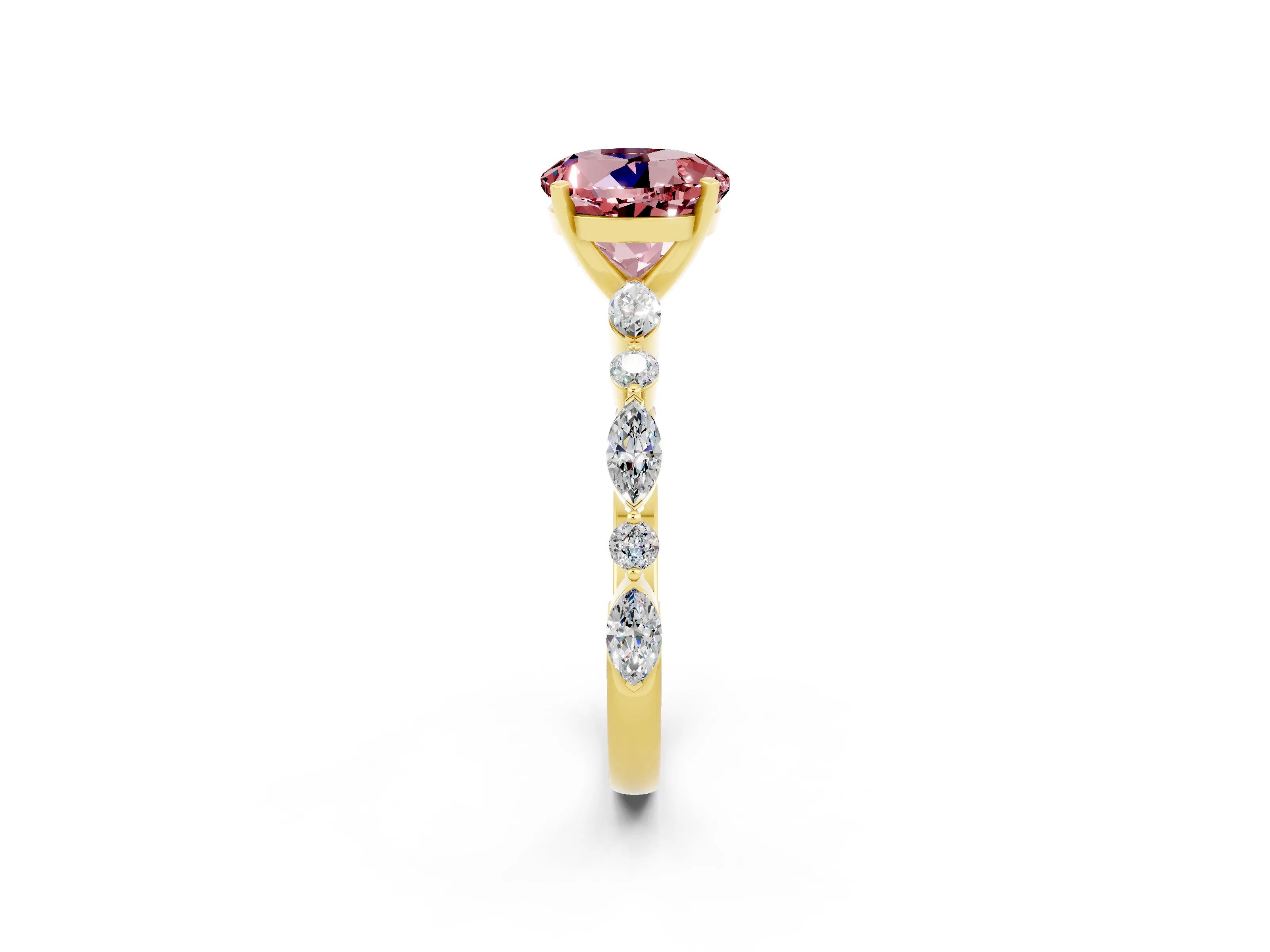 Yellow gold Round Cut Morganite Solitaire with Side Stones on a Pavé Band and Four-Prong Setting_2