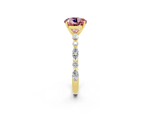 Yellow gold Round Cut Morganite Ring with Marquise and Round  Side Stones and Four-Prong Setting