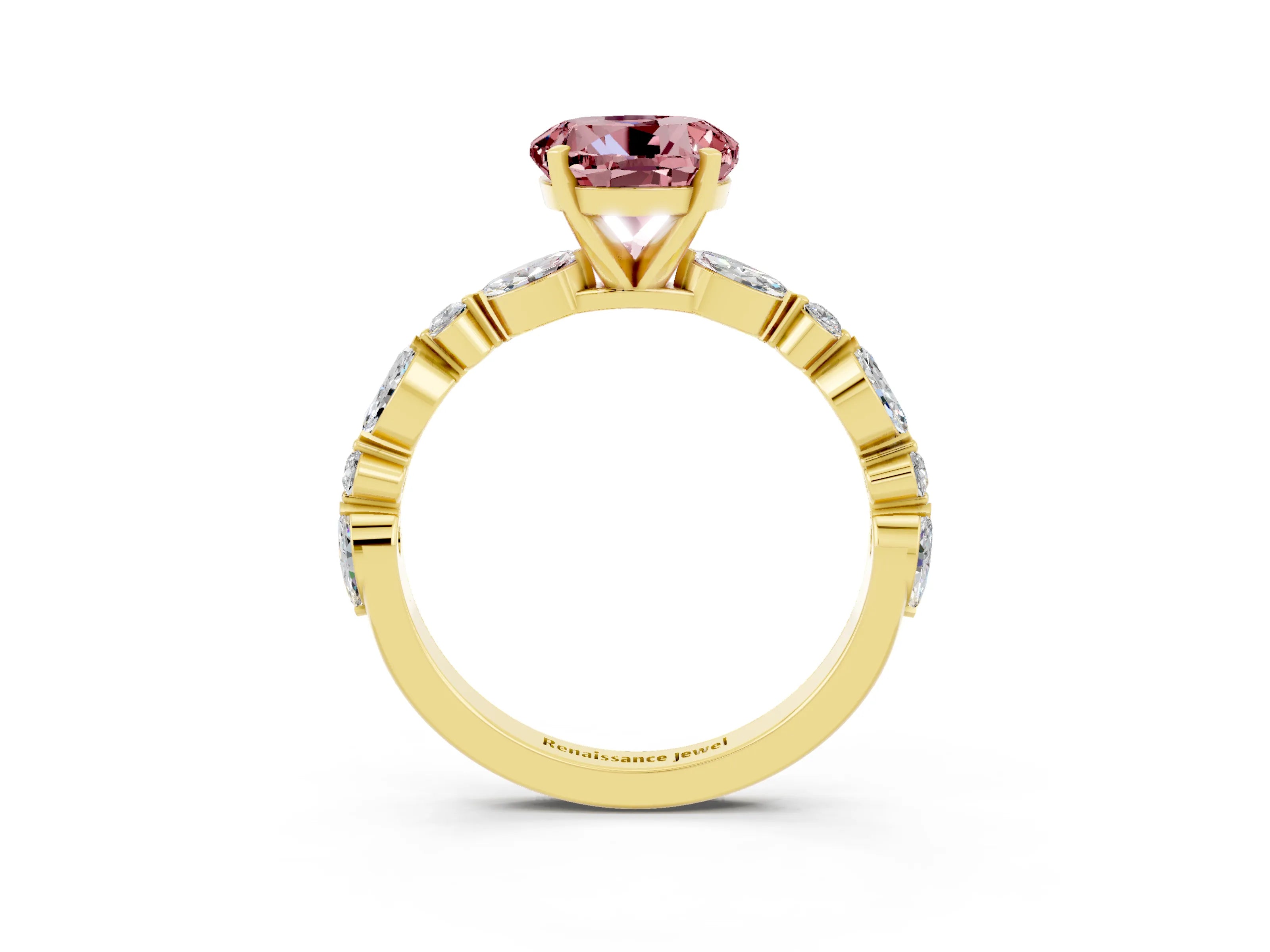 Yellow gold Round Cut Morganite Solitaire with Side Stones on a Pavé Band and Four-Prong Setting_3