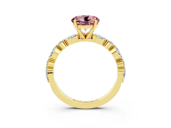 Yellow gold Round Cut Morganite Ring with Marquise and Round  Side Stones and Four-Prong Setting