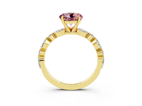 Yellow gold Round Cut Morganite Solitaire with Side Stones on a Pavé Band and Four-Prong Setting_3