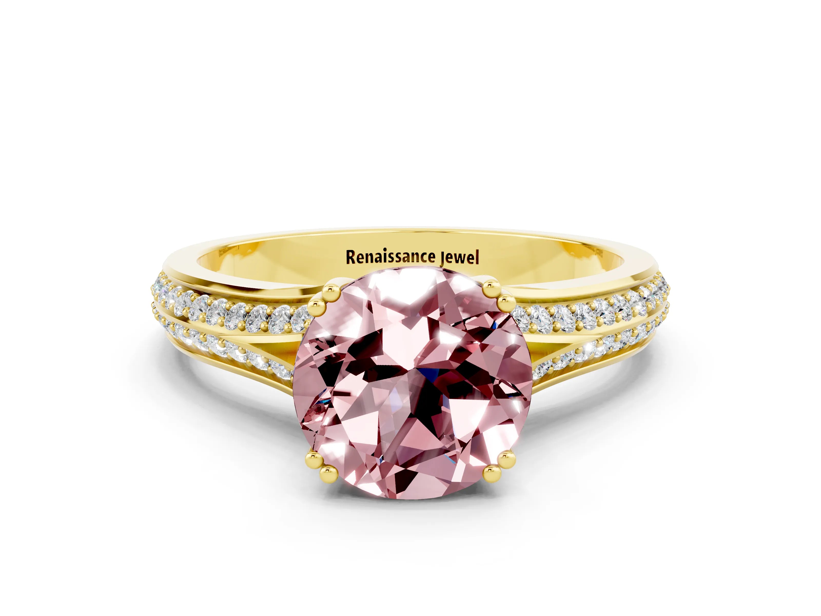 Yellow gold Round Cut Morganite Split Shank Engagement Ring with Pavé Band