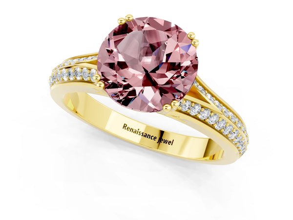 Yellow gold Round Cut Morganite Split Shank Engagement Ring with Pavé Band