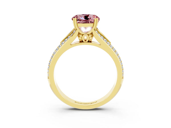 Yellow gold Round Cut Morganite Split Shank Engagement Ring with Pavé Band