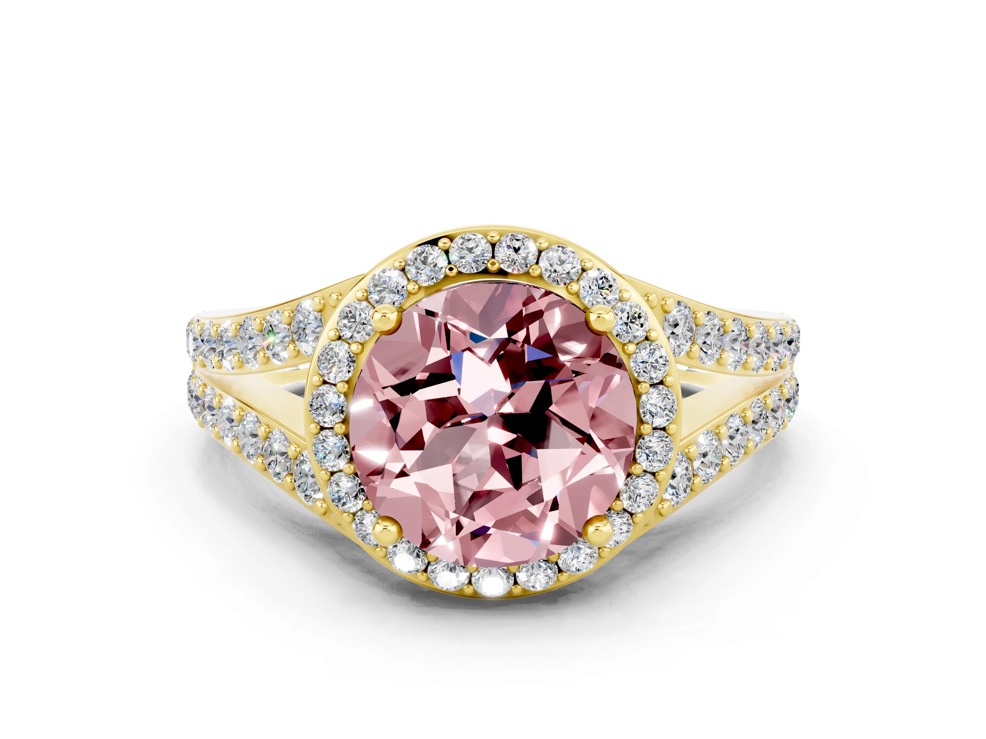 Yellow gold Round Cut Morganite Split Shank Halo Ring with Four-Prong Setting_12