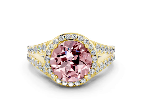 Yellow gold Round Cut Morganite Split Shank Halo Ring with Four-Prong Setting