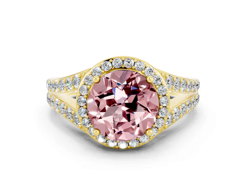Yellow gold Round Cut Morganite Split Shank Halo Ring with Four-Prong Setting_12