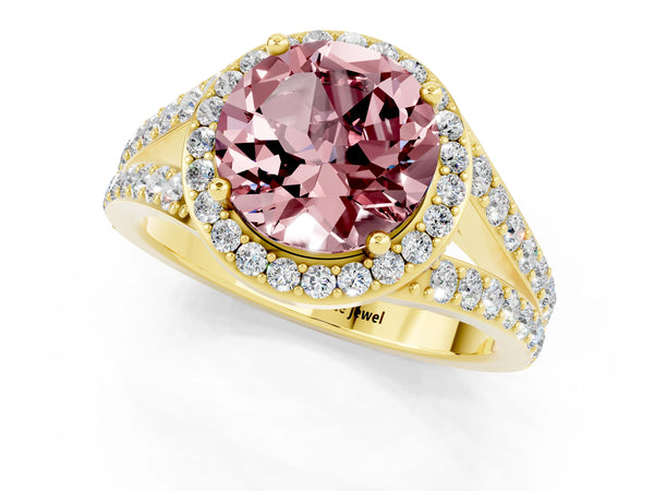 Yellow gold Round Cut Morganite Split Shank Halo Ring with Four-Prong Setting
