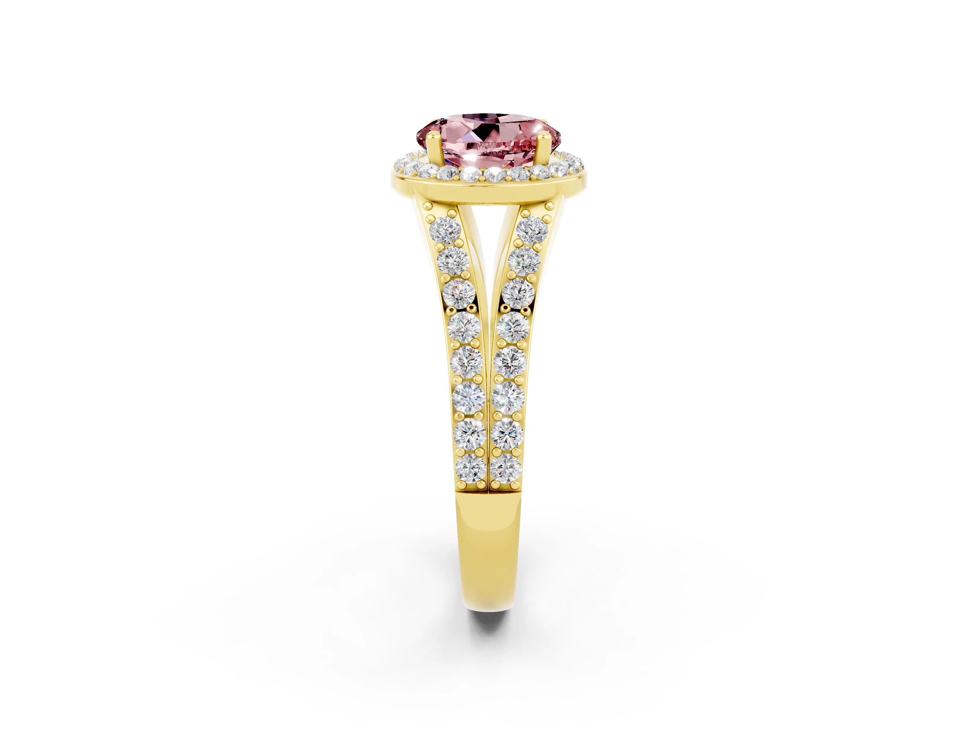 Yellow gold Round Cut Morganite Split Shank Halo Ring with Four-Prong Setting_14