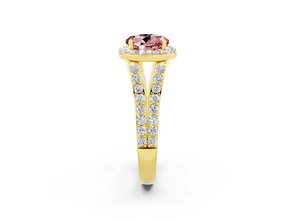 Yellow gold Round Cut Morganite Split Shank Halo Ring with Four-Prong Setting