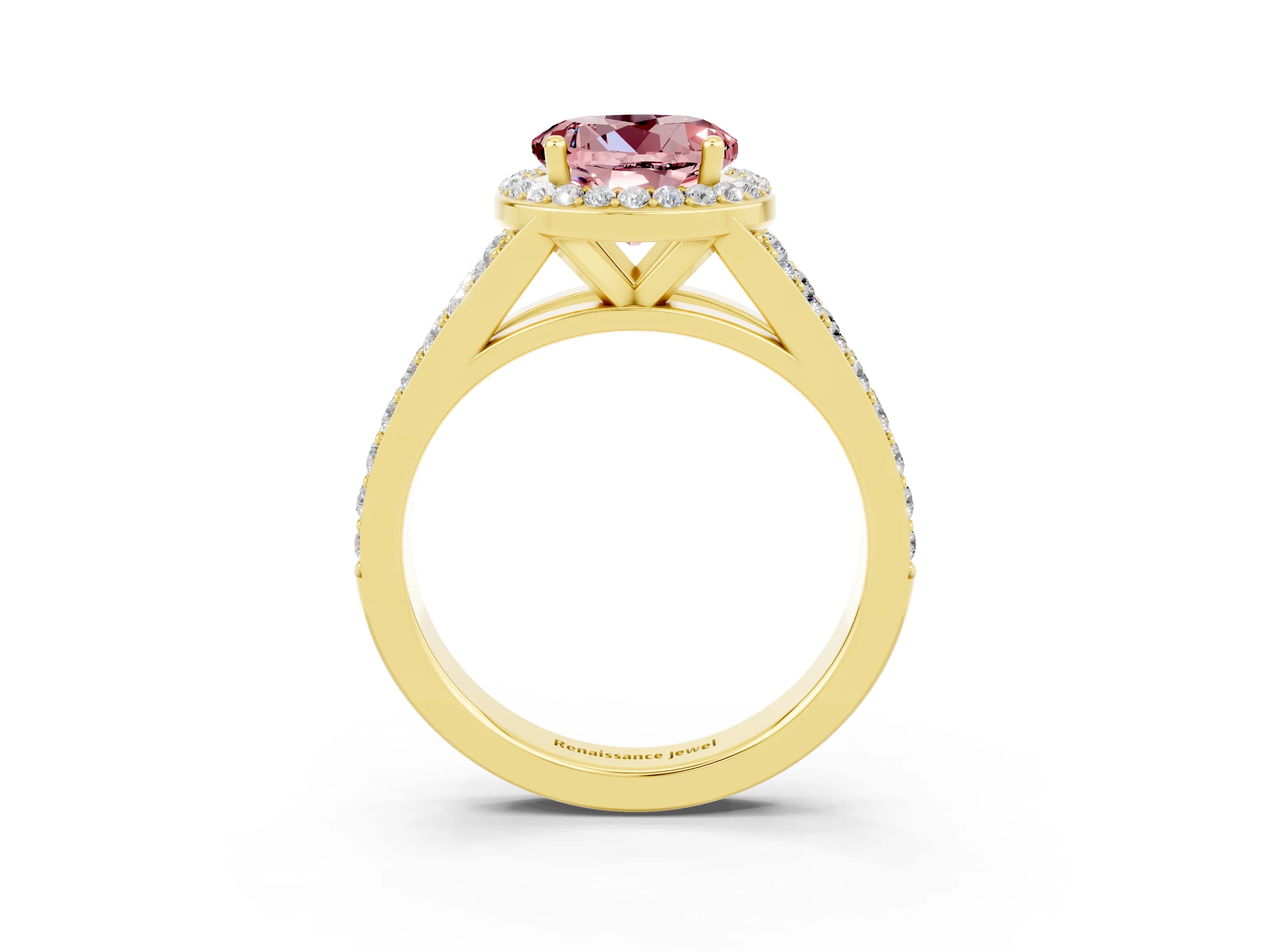 Yellow gold Round Cut Morganite Split Shank Halo Ring with Four-Prong Setting_15