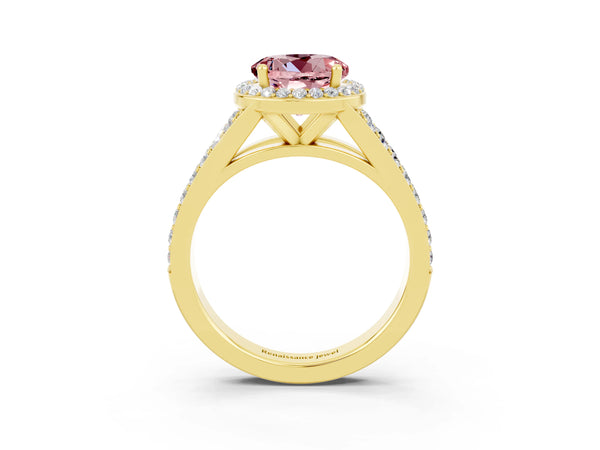 Yellow gold Round Cut Morganite Split Shank Halo Ring with Four-Prong Setting