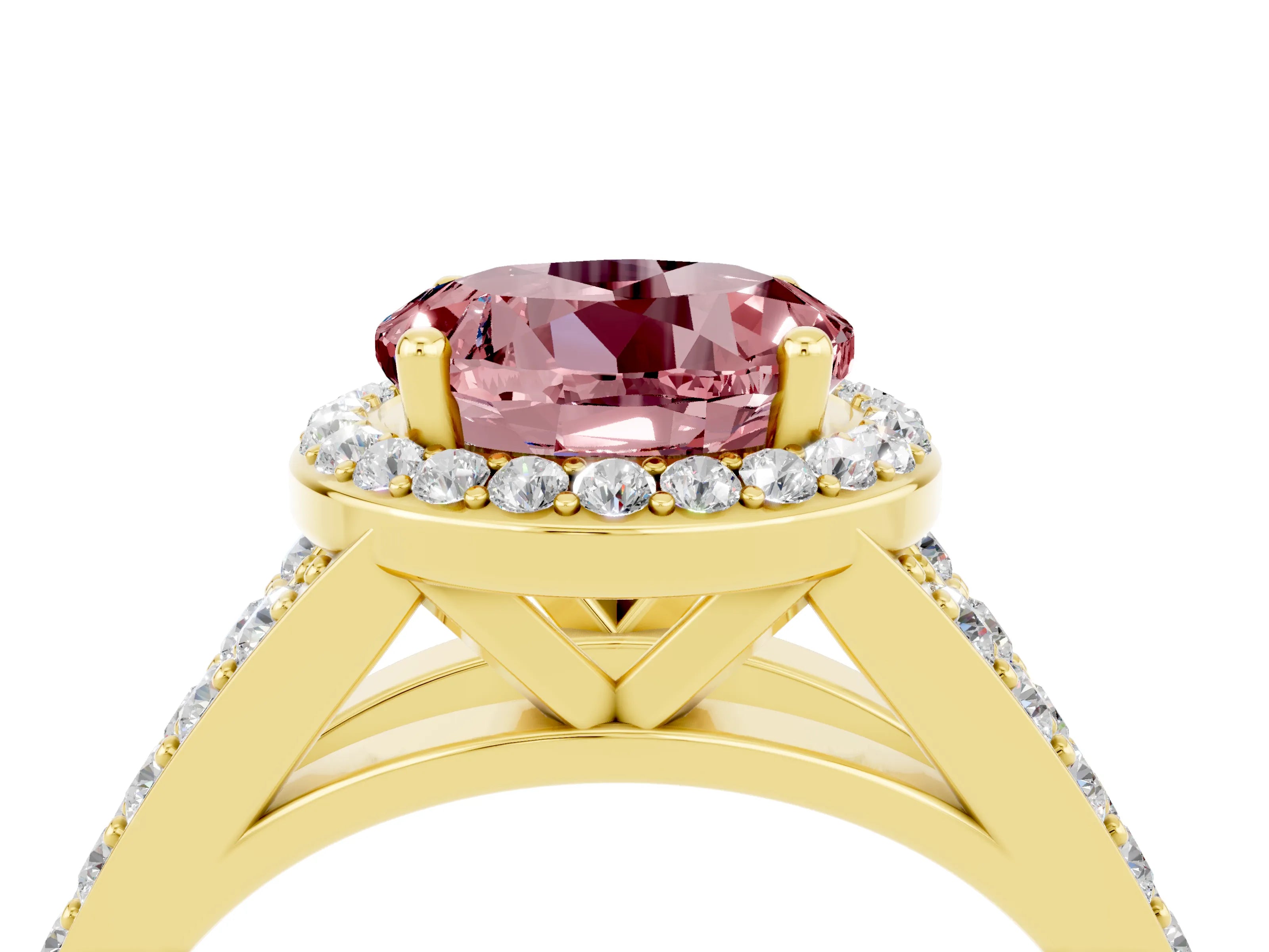 Yellow gold Round Cut Morganite Split Shank Halo Ring with Four-Prong Setting_16