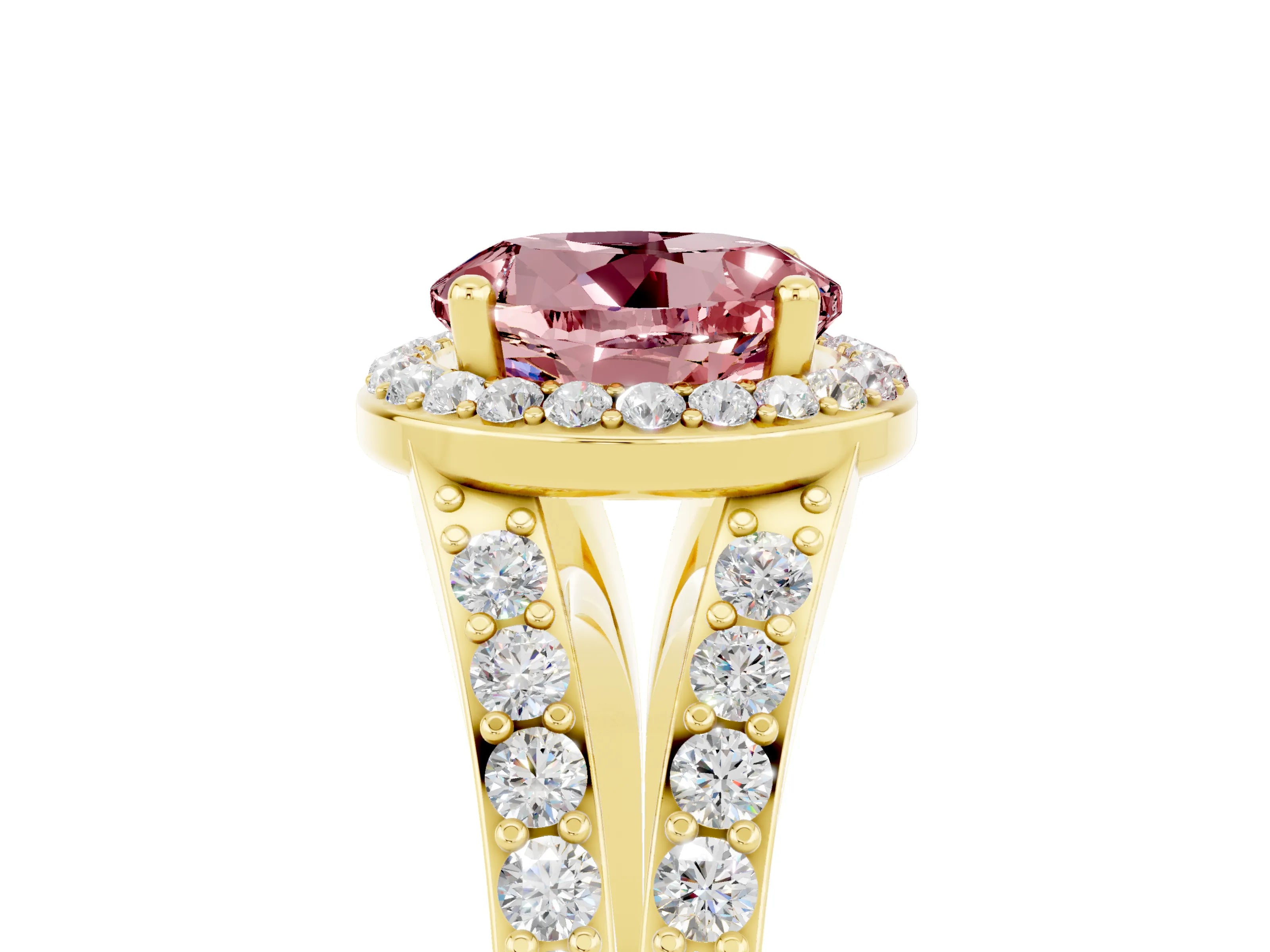 Yellow gold Round Cut Morganite Split Shank Halo Ring with Four-Prong Setting_17
