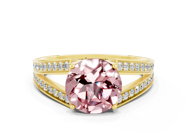 Yellow gold Round Cut Morganite Split Shank Ring with Pavé Band and Four-Prong Setting