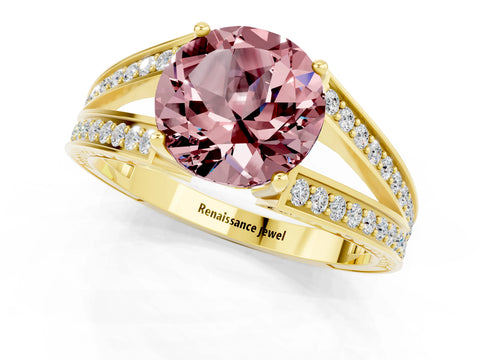 Yellow gold Round Cut Morganite Split Shank Ring with Pavé Band and Four-Prong Setting_1
