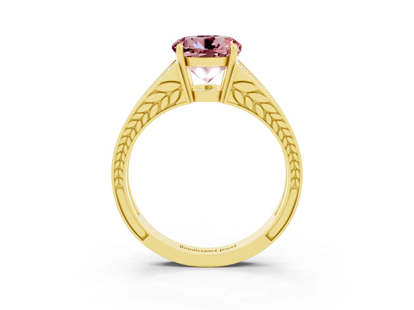 Yellow gold Round Cut Morganite Split Shank Ring with Pavé Band and Four-Prong Setting