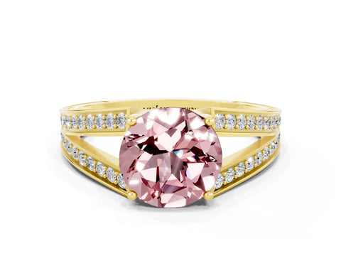 Yellow gold Round Cut Morganite Split Shank Ring with Pavé Band and Four-Prong Setting