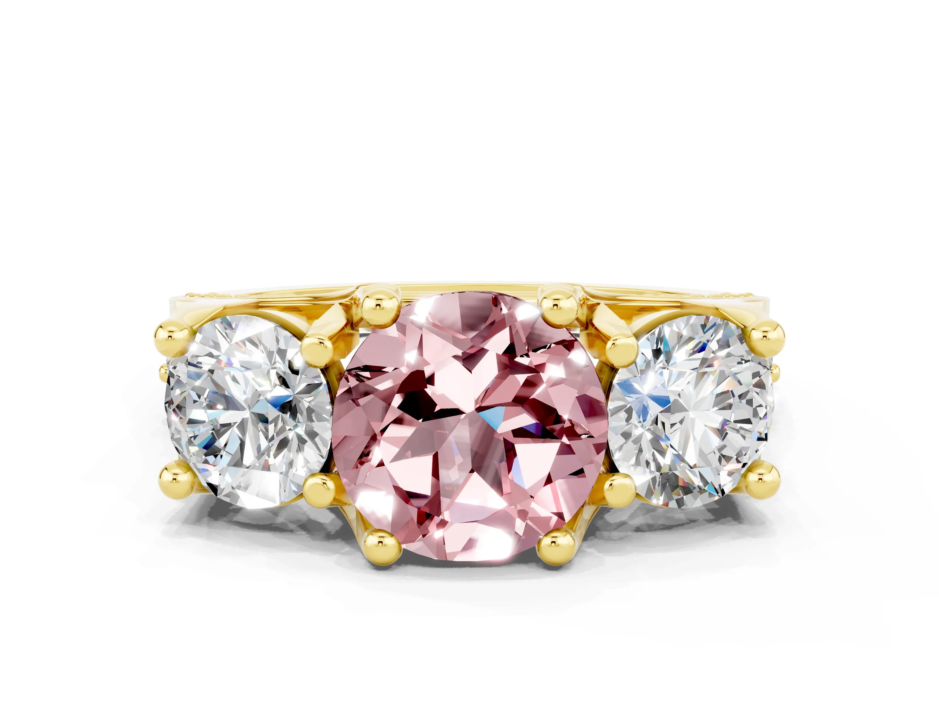 Yellow gold Round Cut Morganite Three-Stone Ring with Channel Set Band and Four-Prong Setting