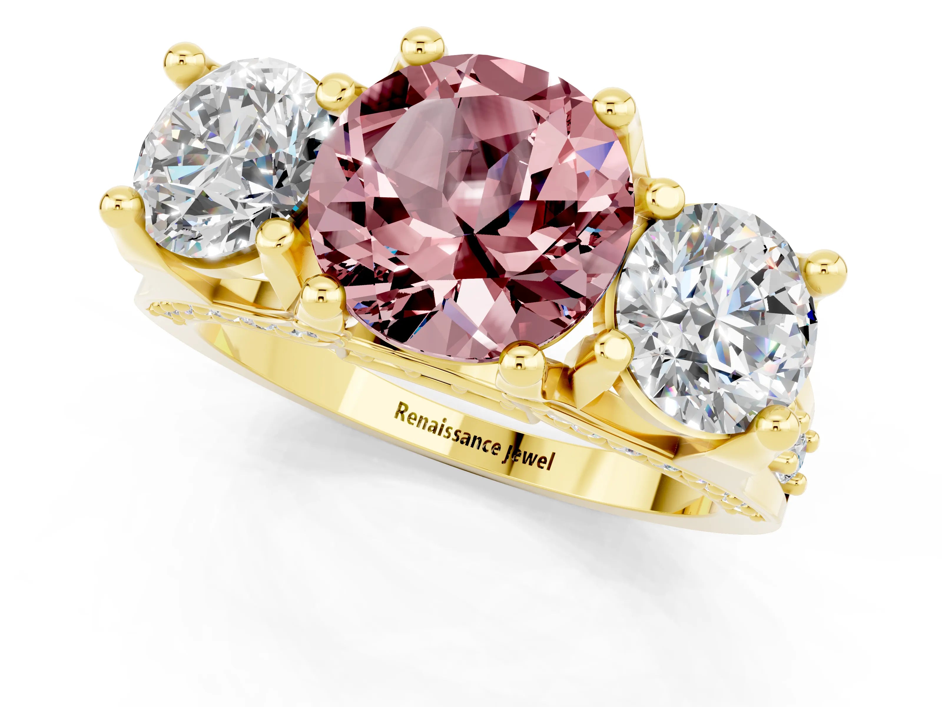 Yellow gold Round Cut Morganite Three-Stone Ring with Channel Set Band and Four-Prong Setting_1