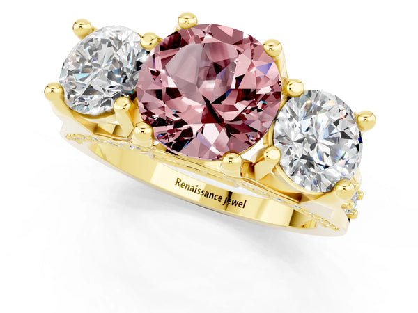 Yellow gold Round Cut Morganite Three-Stone Ring with Channel Set Band and Four-Prong Setting