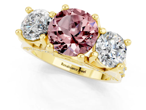Yellow gold Round Cut Morganite Three-Stone Ring with Channel Set Band and Four-Prong Setting_1