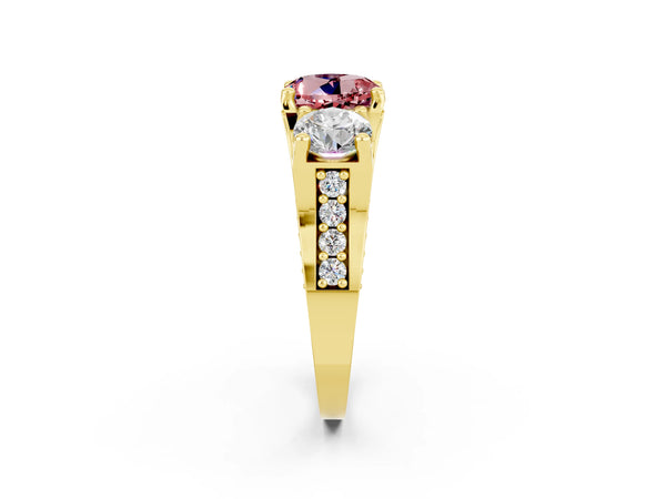 Yellow gold Round Cut Morganite Three-Stone Ring with Channel Set Band and Four-Prong Setting
