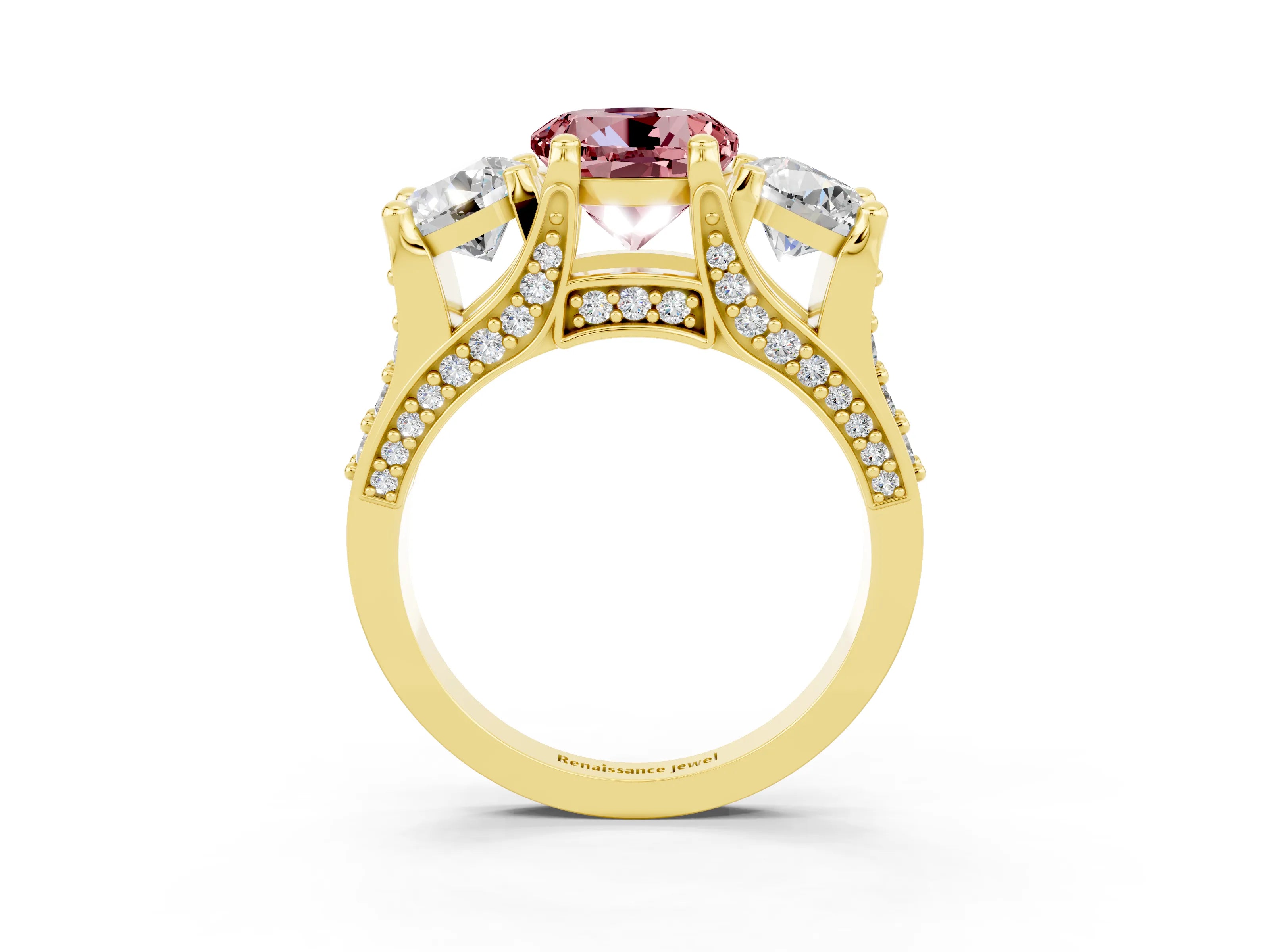 Yellow gold Round Cut Morganite Three-Stone Ring with Channel Set Band and Four-Prong Setting_3