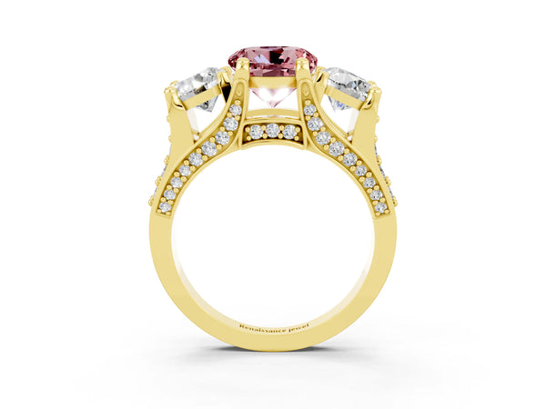 Yellow gold Round Cut Morganite Three-Stone Ring with Channel Set Band and Four-Prong Setting