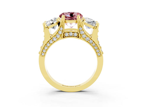 Yellow gold Round Cut Morganite Three-Stone Ring with Channel Set Band and Four-Prong Setting_3