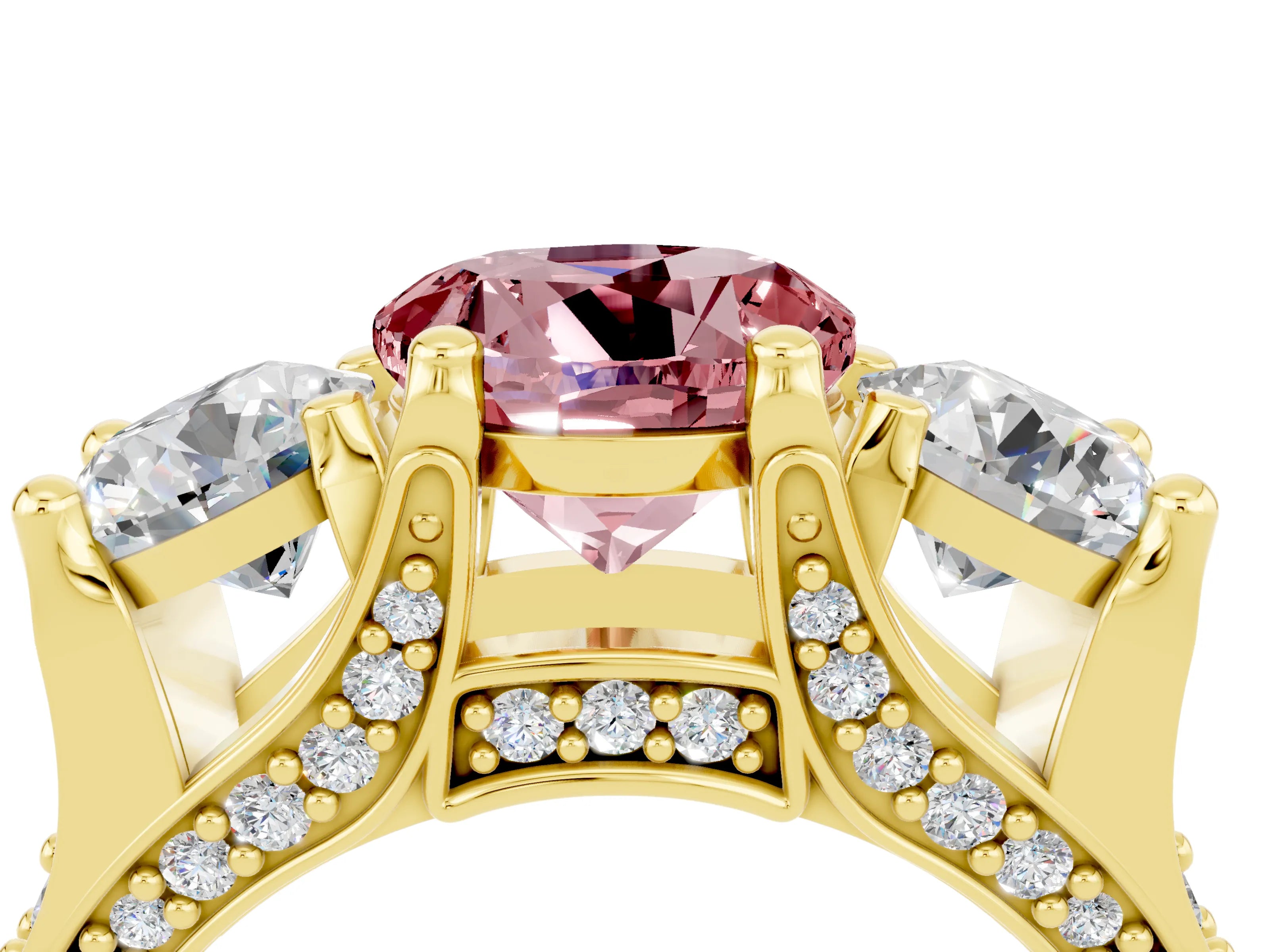 Yellow gold Round Cut Morganite Three-Stone Ring with Channel Set Band and Four-Prong Setting_4