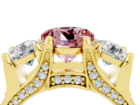 Yellow gold Round Cut Morganite Three-Stone Ring with Channel Set Band and Four-Prong Setting_4