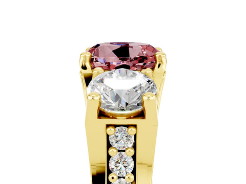 Yellow gold Round Cut Morganite Three-Stone Ring with Channel Set Band and Four-Prong Setting_5