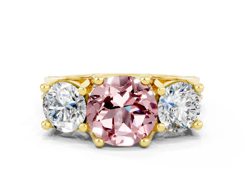 Yellow gold Round Cut Morganite Three-Stone Ring with Channel Set Band and Four-Prong Setting
