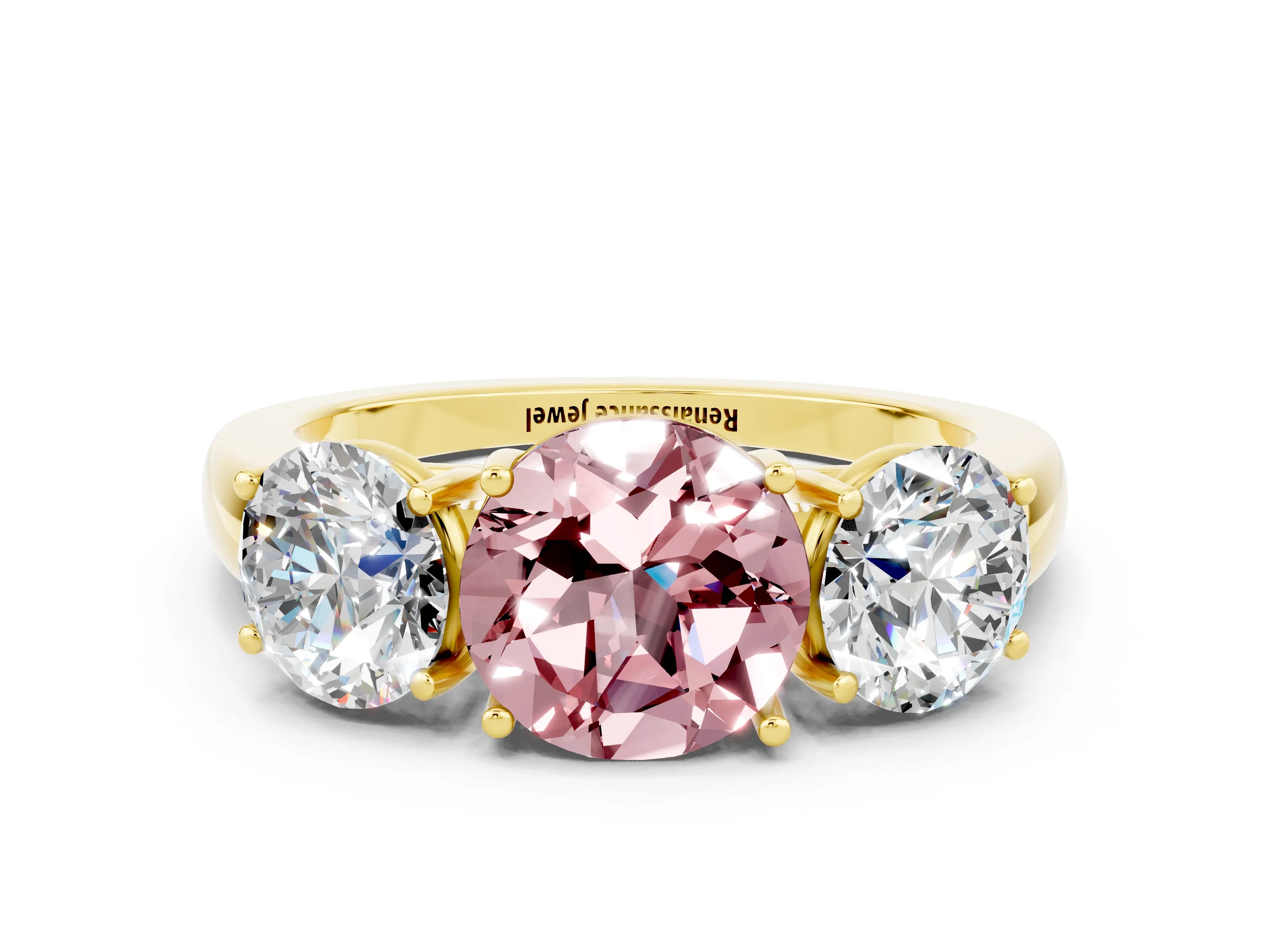 Yellow gold Round Cut Morganite Three-Stone Ring with Four-Prong Setting and Classic Band