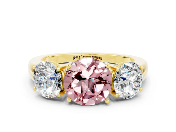 Yellow gold Round Cut Morganite Three-Stone Ring with Four-Prong Setting and Classic Band