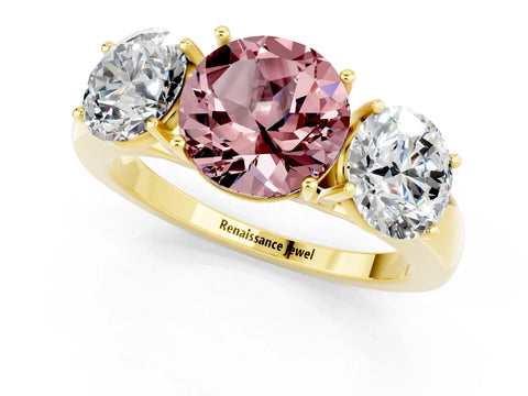 Yellow gold Round Cut Morganite Three-Stone Ring with Four-Prong Setting and Classic Band_1