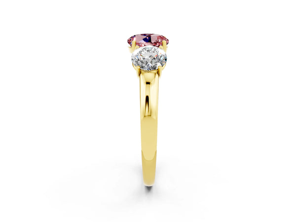 Yellow gold Round Cut Morganite Three-Stone Ring with Four-Prong Setting and Classic Band