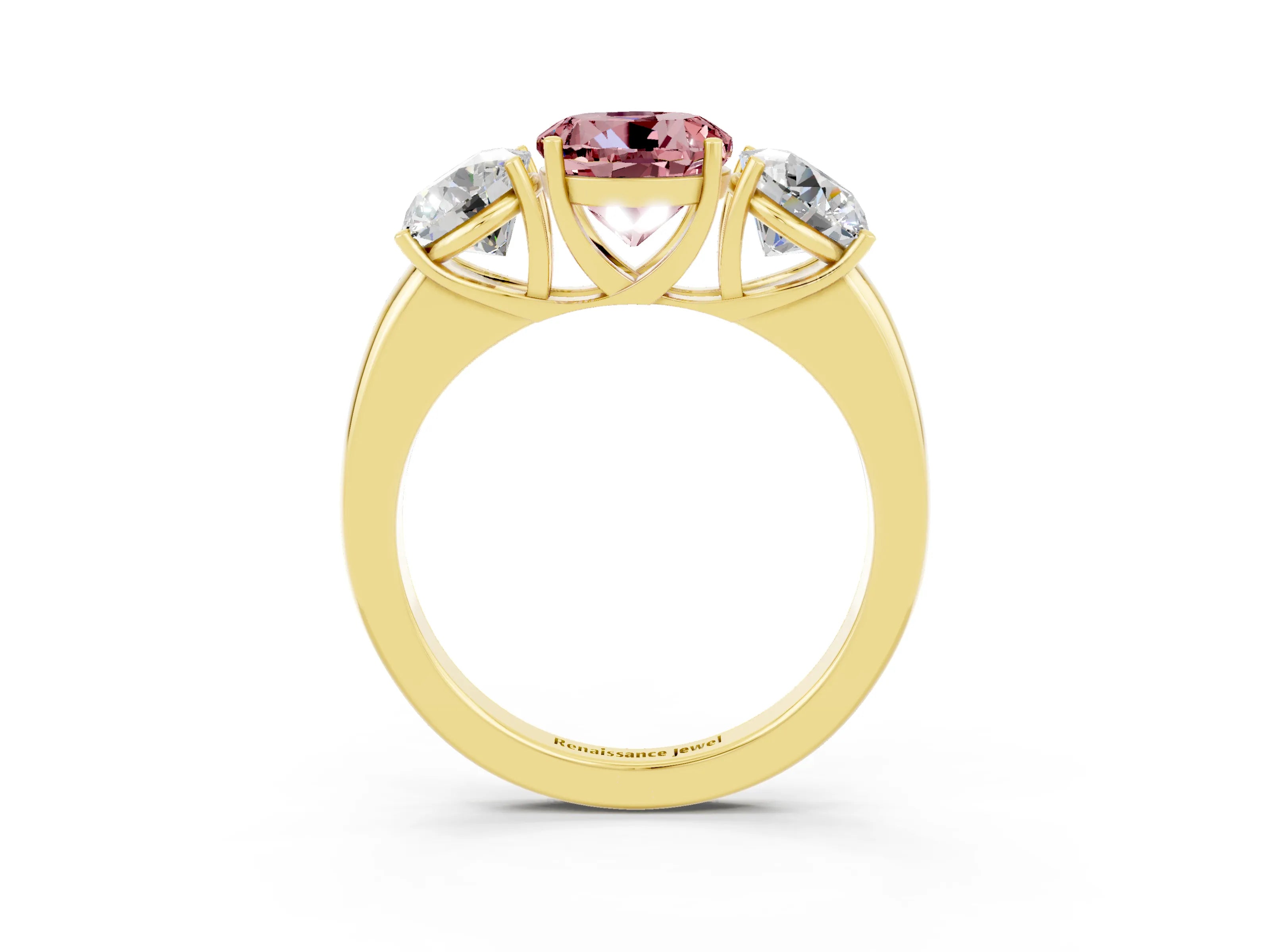 Yellow gold Round Cut Morganite Three-Stone Ring with Four-Prong Setting and Classic Band_3