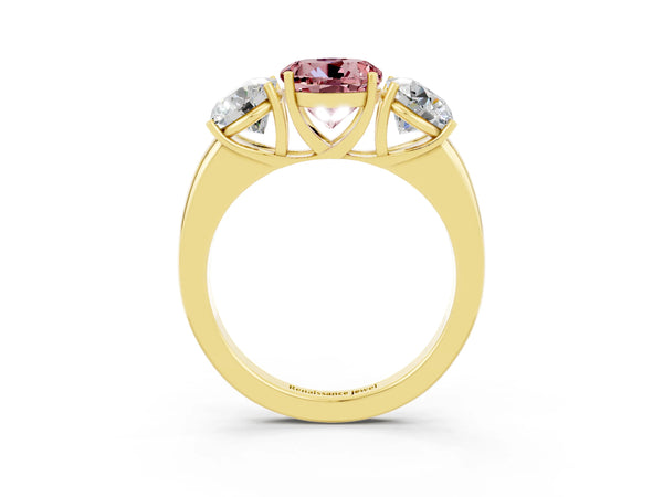 Yellow gold Round Cut Morganite Three-Stone Ring with Four-Prong Setting and Classic Band