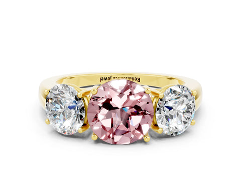 Yellow gold Round Cut Morganite Three-Stone Ring with Four-Prong Setting and Classic Band